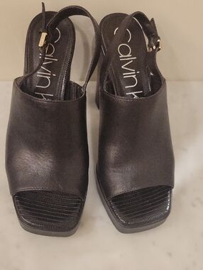 Calvin Klein Black Leather Square-Toe Slingback Block Heels